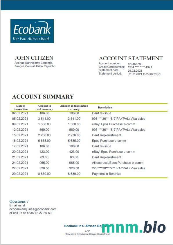Central African Republic Ecobank wyciąg bankowy łatwy do wypełnienia szablonu .xls i .format pliku pdf (AutoSum)
